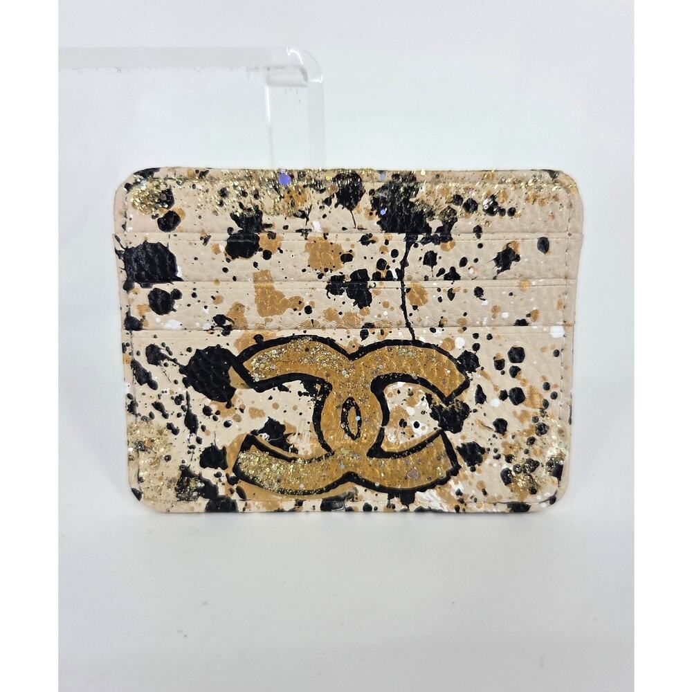 Anca Barbu Leather Credit Card Holder Wallet Hand Painted Gold Black Splatter CC